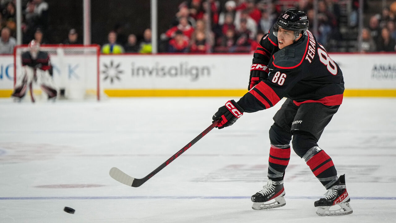 RALEIGH, NORTH CAROLINA - FEBRUARY 24: Teuvo Teravainen #86 of the Carolina Hurricanes shoots the puck during the first period against the Ottawa Senators at PNC Arena on February 24, 2023 in Raleigh, North Carolina.