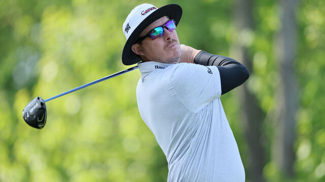 ROCHESTER, NEW YORK - MAY 18: Joel Dahmen of the United States plays his shot from the fourth tee during the first round of the 2023 PGA Championship at Oak Hill Country Club on May 18, 2023 in Rochester, New York.