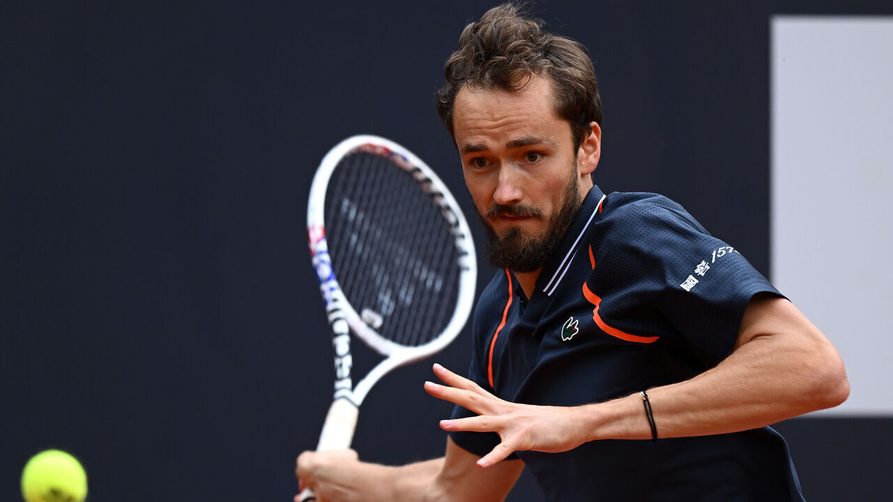 ROME, ITALY - MAY 18: Daniil Medvedev plays a forehand in his men's singles quarter-final match against Yannick Hanfmann of Germany during day eleven of the Internazionali BNL D'Italia at Foro Italico on May 18, 2023 in Rome, Italy.