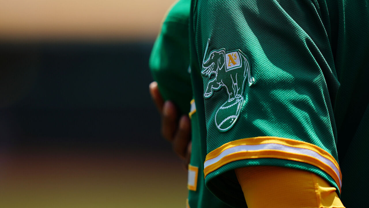 OAKLAND, CALIFORNIA - AUGUST 08: A detail shot of the secondary logo on Tony Kemp #5 of the Oakland Athletics jersey prior to the game against the Texas Rangers at RingCentral Coliseum on August 08, 2021 in Oakland, California.