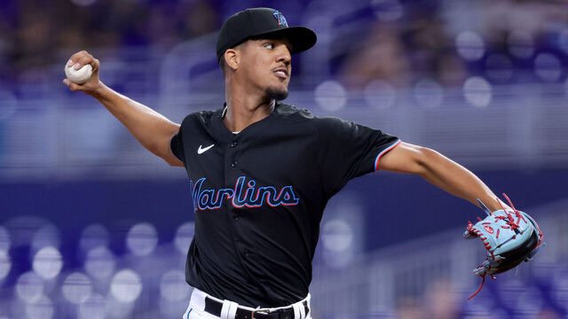 MIAMI, FLORIDA - MAY 18: Eury Perez #39 of the Miami Marlins delivers a pitch against the Washington Nationals during the first inning at loanDepot park on May 18, 2023 in Miami, Florida.