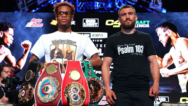 LAS VEGAS, NEVADA - MAY 17: Devin Haney (L) and Vasiliy Lomachenko (R) pose during the press conference prior to their May 20 Undisputed lightweight championship fight at MGM Grand Hotel & Casino on May 17, 2023 in Las Vegas, Nevada.
