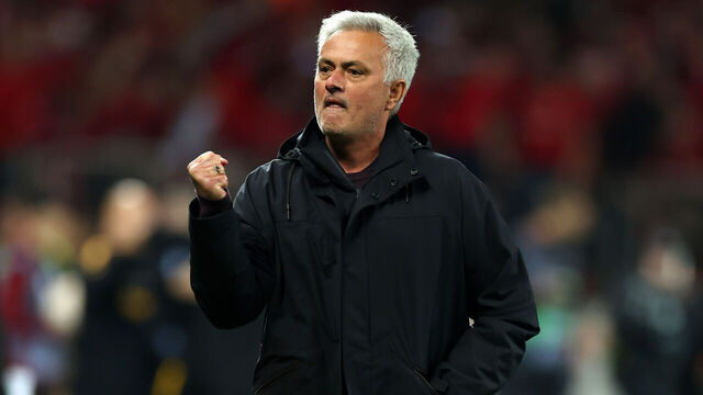 LEVERKUSEN, GERMANY - MAY 18: Jose Mourinho, Head Coach of AS Roma, celebrates after the UEFA Europa League semi-final second leg match between Bayer 04 Leverkusen and AS Roma at BayArena on May 18, 2023 in Leverkusen, Germany.