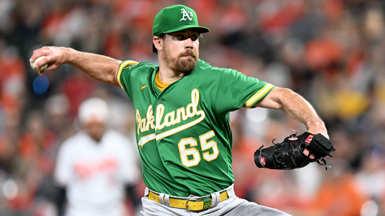 BALTIMORE, MARYLAND - APRIL 11: Trevor May #65 of the Oakland Athletics pitches against the Baltimore Orioles at Oriole Park at Camden Yards on April 11, 2023 in Baltimore, Maryland.