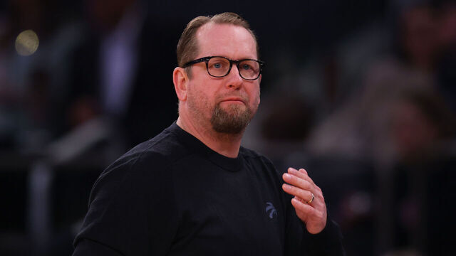 NEW YORK, NEW YORK - DECEMBER 21: Head Coach Nick Nurse of the Toronto Raptors in action against the New York Knicks at Madison Square Garden on December 21, 2022 in New York City. Toronto Raptors defeated the New York Knicks 113-106.