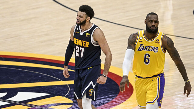DENVER, CO - MAY 18: Jamal Murray (27) of the Denver Nuggets celebrates after ferociously attacking LeBron James (6) of the Los Angeles Lakers for a there pointer during the fourth quarter of the Nuggets' 108-103 win in which Murray scored 23 points at Ball Arena in Denver on Thursday, May 18, 2023.