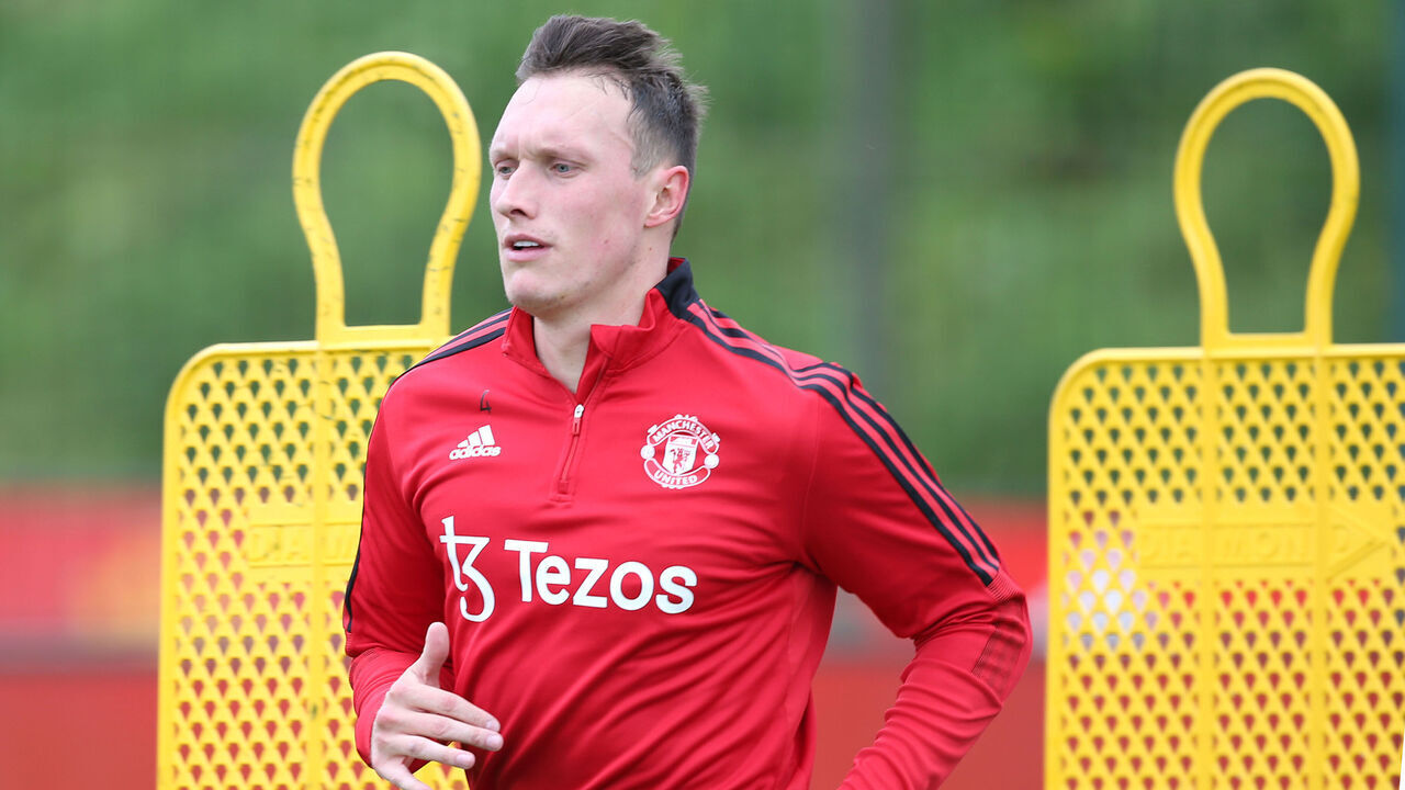 MANCHESTER, ENGLAND - MAY 04: (EXCLUSIVE COVERAGE) Phil Jones of Manchester United in action during a first team training session at Carrington Training Ground on May 04, 2022 in Manchester, England.