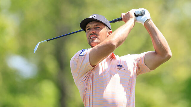 ROCHESTER, NEW YORK - MAY 18: Bryson DeChambeau of The United States plays his tee shot on the par 3, 15th hole during the first round of the 2023 PGA Championship at Oak Hill Country Club on May 18, 2023 in Rochester, New York.