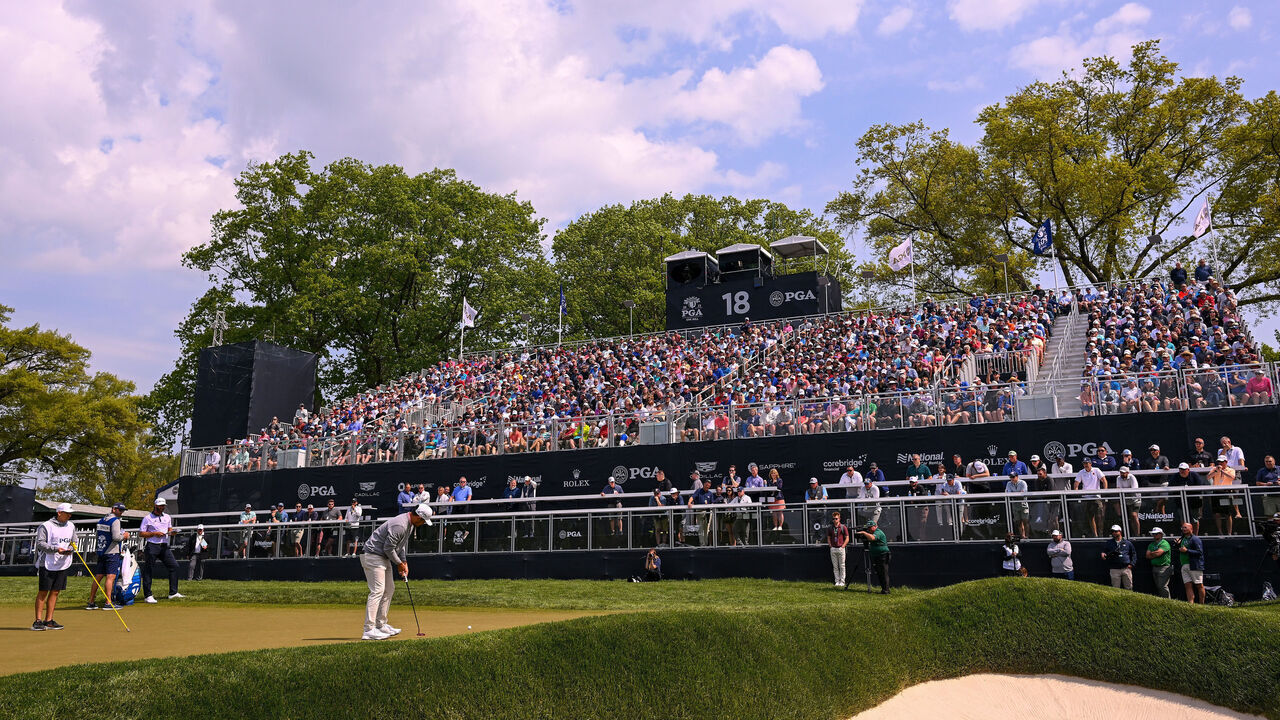 ROCHESTER, NEW YORK - MAY 19: Xander Schauffele of the United States putts on the 18th green during the second round of the 2023 PGA Championship at Oak Hill Country Club on May 19, 2023 in Rochester, New York.