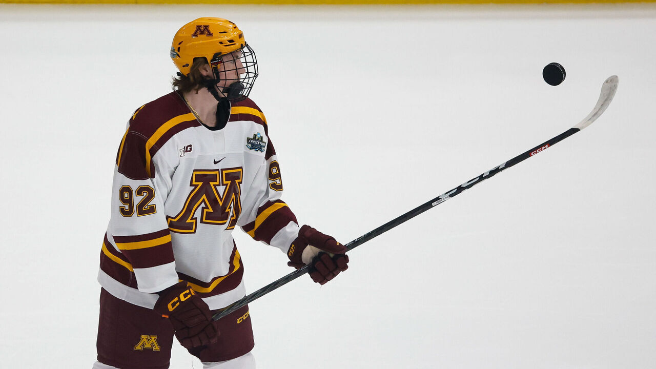 TAMPA, FL - APRIL 8: Logan Cooley #92 of the Minnesota Golden Gophers warms up before a game against the Quinnipiac Bobcats during the 2023 NCAA Division I Men's Hockey Frozen Four Championship Final at the Amaile Arena on April 8, 2023 in Tampa, Florida. The Bobcats won 3-2 on a goal ten seconds into overtime.