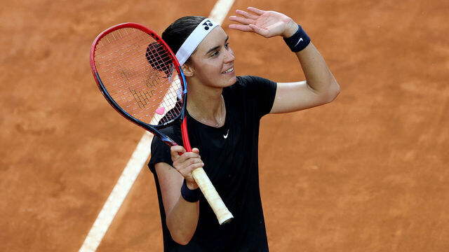 ROME, ITALY - MAY 19: Anhelina Kalinina of Ukraine celebrates winning match point against Veronika Kudermetova during their Women's Singles semi-final match on day twelve of Internazionali BNL D'Italia 2023 at Foro Italico on May 19, 2023 in Rome, Italy.