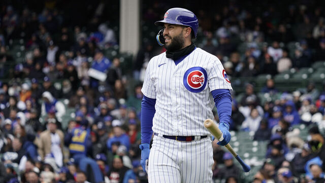 CHICAGO, ILLINOIS - APRIL 22: Eric Hosmer #51 of the Chicago Cubs reacts after striking out against the Los Angeles Dodgers at Wrigley Field on April 22, 2023 in Chicago, Illinois.