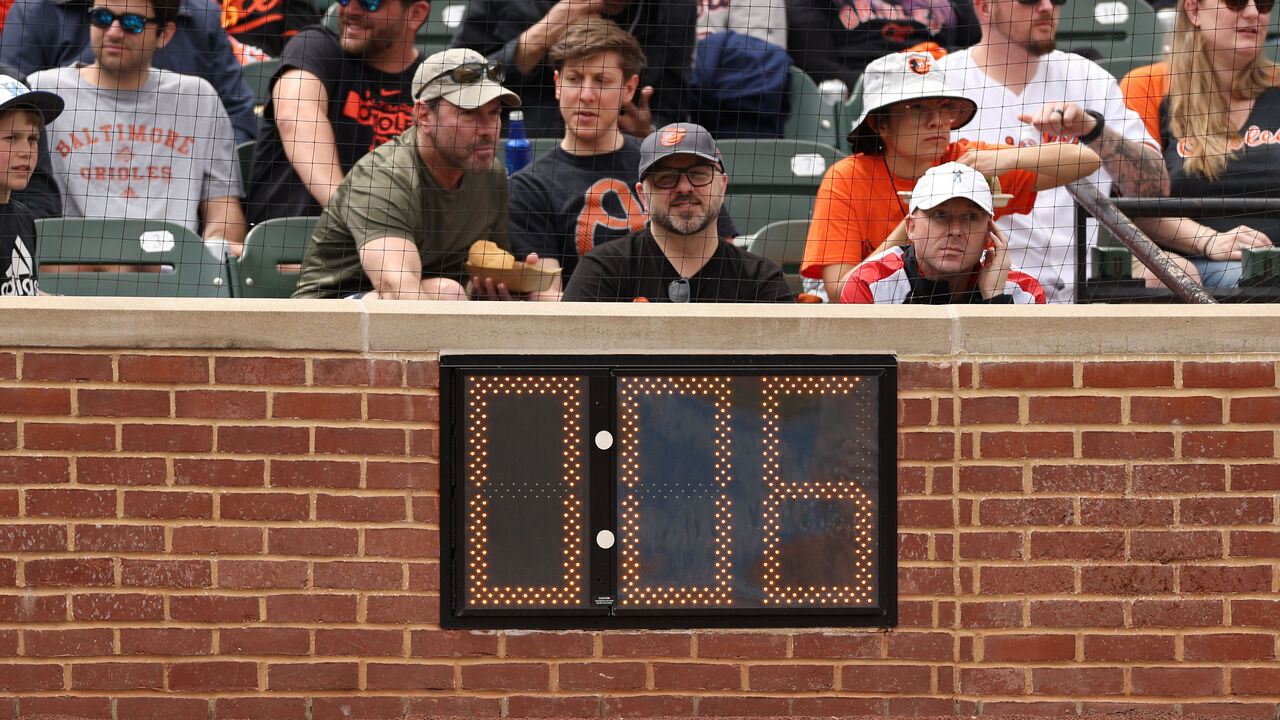 BALTIMORE, MARYLAND - APRIL 23: The pitch clock is seen at Oriole Park at Camden Yards on April 23, 2023 in Baltimore, Maryland.