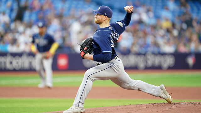 TORONTO, ON - APRIL 14: Drew Rasmussen #57 of the Tampa Bay Rays pitches during the game between the Tampa Bay Rays and the Toronto Blue Jays at Rogers Centre on Friday, April 14, 2023 in Toronto, Canada.