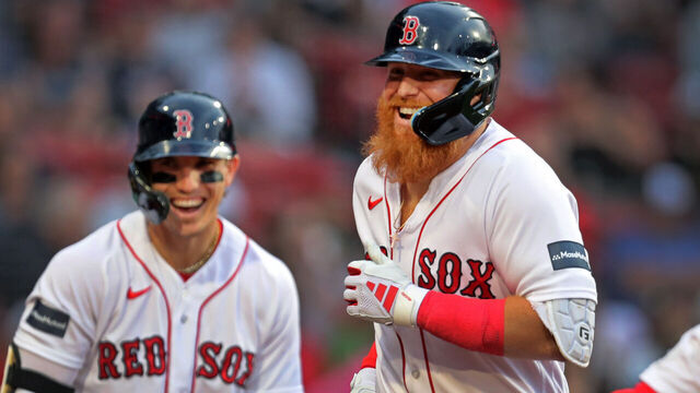 Boston, MA - May 16: Boston Red Sox DH Justin Turner smiles after hitting a first inning home run. The Red Sox defeated the Seattle Mariners, 9-4.