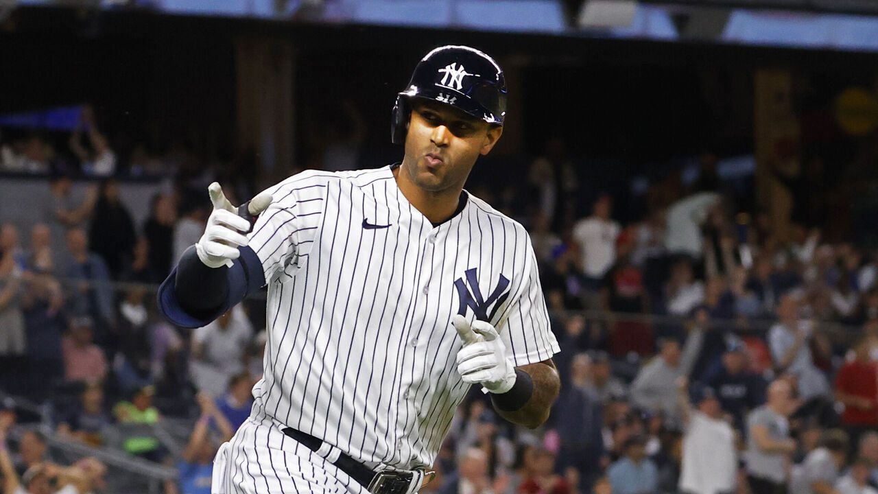 NEW YORK, NY - MAY 08: Aaron Hicks #31 of the New York Yankees hits a home run during a game against the Oakland Athletics at Yankee Stadium on May 08, 2023, in New York, New York.