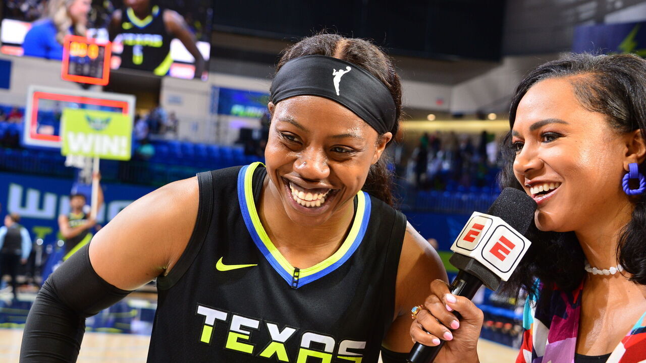 ARLINGTON, TX - MAY 20: Arike Ogunbowale #24 of the Dallas Wings is interviewed after the win against the Atlanta Dream on May 20, 2023 at the College Park Center in Arlington, TX. Mandatory Copyright Notice: Copyright 2023 NBAE
