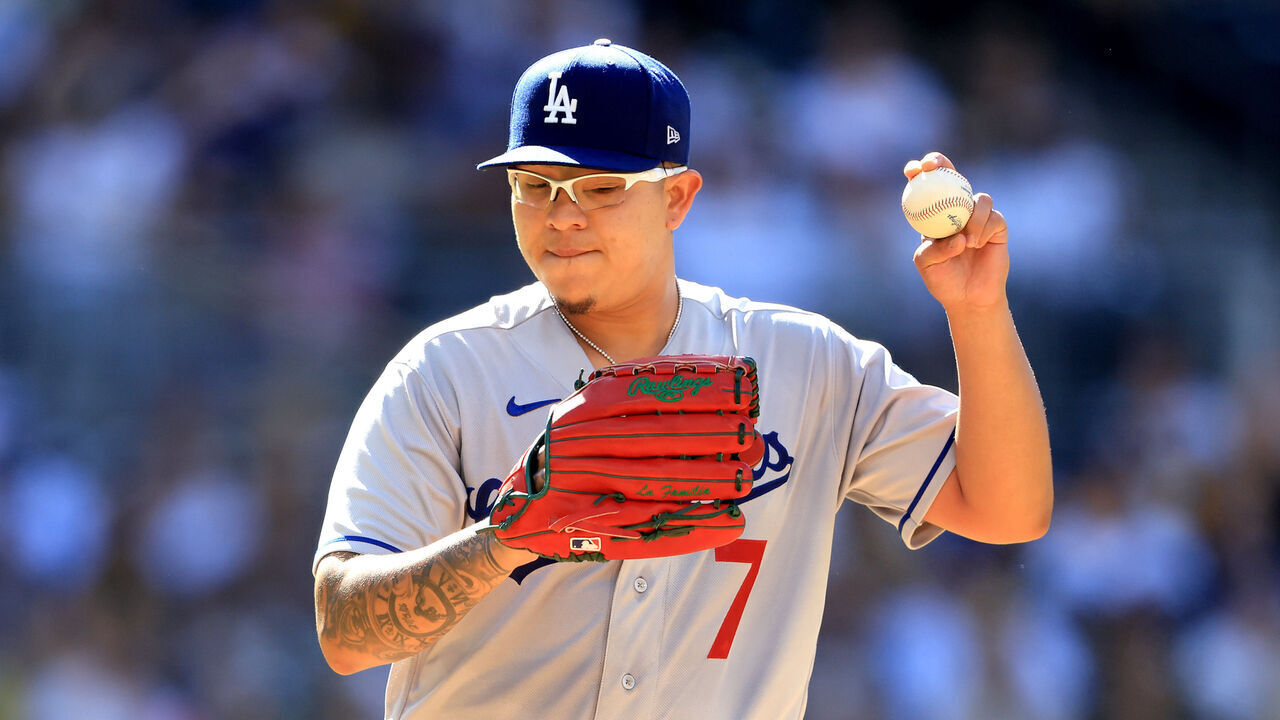 SAN DIEGO, CALIFORNIA - MAY 07: Julio Urias #7 of the Los Angeles Dodgers pitches during the first inning of a game against the San Diego Padres at PETCO Park on May 07, 2023 in San Diego, California.