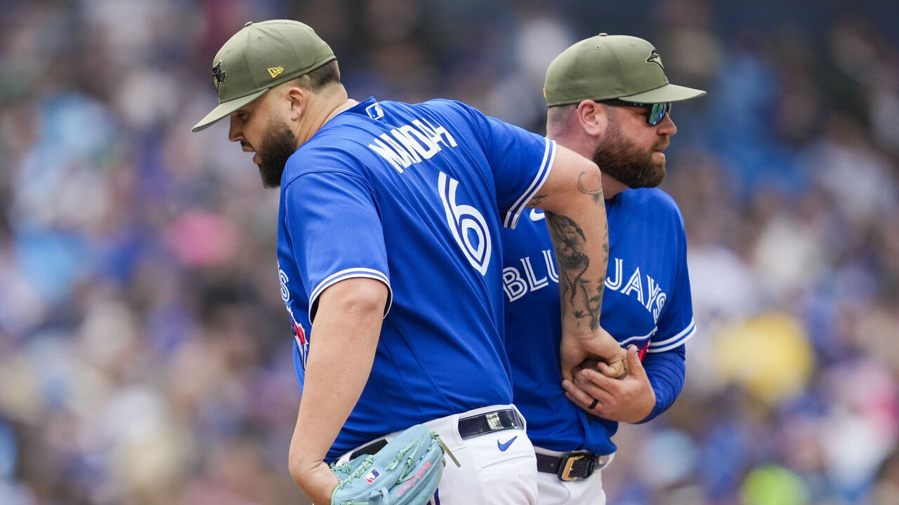 TORONTO, ON - MAY 20: Alek Manoah #6 of the Toronto Blue Jays is taken out of the game by manager John Schneider against the Baltimore Orioles in the sixth inning during their MLB game at the Rogers Centre on May 20, 2023 in Toronto, Ontario, Canada.