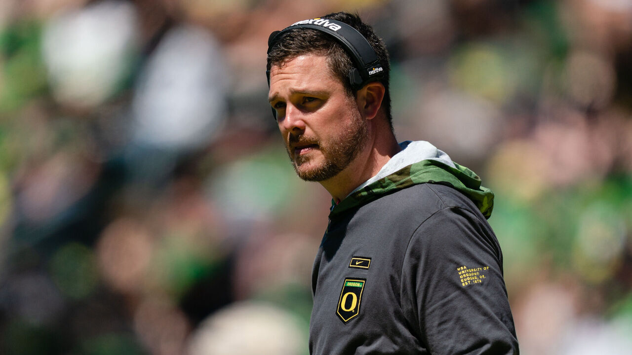 EUGENE, OR - APRIL 29: Head Coach Dan Lanning of the Oregon Ducks looks on during the Oregon Ducks Spring Football Game at Autzen Stadium on April 29, 2023 in Eugene, Oregon.