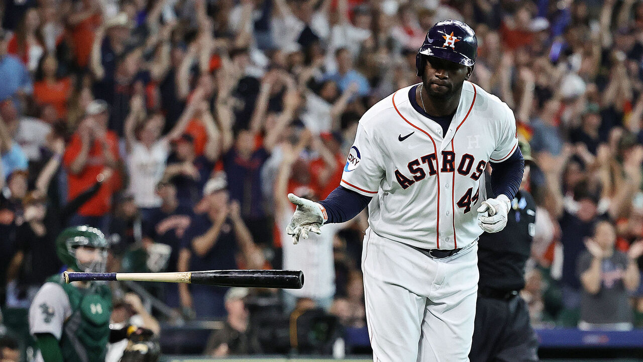 HOUSTON, TEXAS - MAY 20: Yordan Alvarez #44 of the Houston Astros hits a solo home run in the eighth inning against the Oakland Athletics at Minute Maid Park on May 20, 2023 in Houston, Texas.