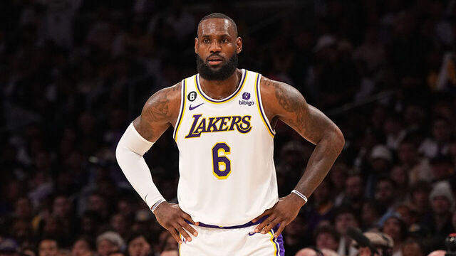 LOS ANGELES, CA - MAY 20: LeBron James #6 of the Los Angeles Lakers looks on during Game Three of the Western Conference Finals against the Denver Nuggets on May 20, 2023 at Crypto.com Arena in Los Angeles, California. NOTE TO USER: User expressly acknowledges and agrees that, by downloading and/or using this Photograph, user is consenting to the terms and conditions of the Getty Images License Agreement. Mandatory Copyright Notice: Copyright 2023 NBAE