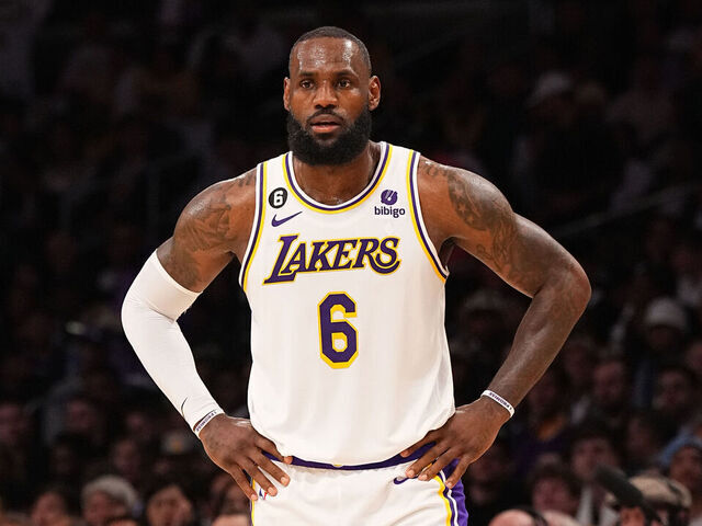 LOS ANGELES, CA - MAY 20: LeBron James #6 of the Los Angeles Lakers looks on during Game Three of the Western Conference Finals against the Denver Nuggets on May 20, 2023 at Crypto.com Arena in Los Angeles, California. NOTE TO USER: User expressly acknowledges and agrees that, by downloading and/or using this Photograph, user is consenting to the terms and conditions of the Getty Images License Agreement. Mandatory Copyright Notice: Copyright 2023 NBAE