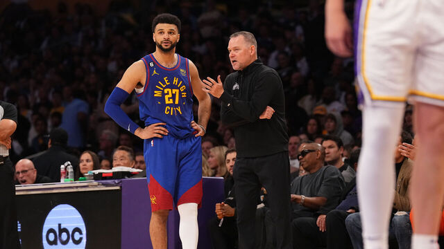 LOS ANGELES, CA - MAY 20: Jamal Murray #27 and Head Coach Michael Malone of the Denver Nuggets during Game Three of the Western Conference Finals against the Los Angeles Lakers on May 20, 2023 at Crypto.com Arena in Los Angeles, California. NOTE TO USER: User expressly acknowledges and agrees that, by downloading and/or using this Photograph, user is consenting to the terms and conditions of the Getty Images License Agreement. Mandatory Copyright Notice: Copyright 2023 NBAE