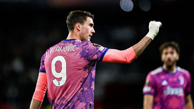 SEVILLE, SPAIN - MAY 18: Dusan Vlahovic of Juventus celebrates after scoring his team's first goal during the UEFA Europa League semi-final second leg match between Sevilla FC v Juventus at Estadio Ramon Sanchez Pizjuan on May 18, 2023 in Seville, Spain.