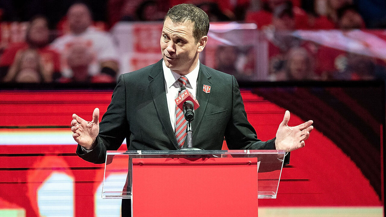 CALGARY, AB - MARCH 02: Former player and current assistant general manager for the Calgary Flames Craig Conroy speaks during a ceremony honouring Jarome Iginla before Iginla's jersey is retired on March 2, 2019, at the Scotiabank Saddledome in Calgary, AB.