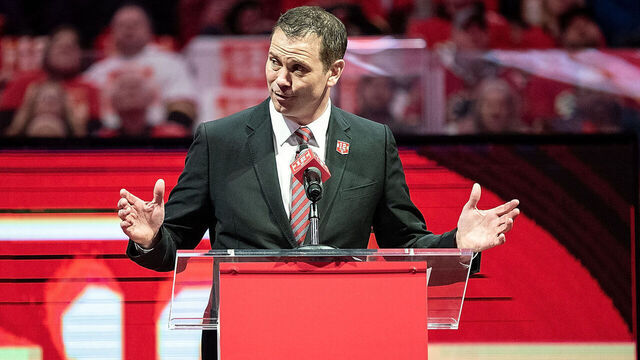 CALGARY, AB - MARCH 02: Former player and current assistant general manager for the Calgary Flames Craig Conroy speaks during a ceremony honouring Jarome Iginla before Iginla's jersey is retired on March 2, 2019, at the Scotiabank Saddledome in Calgary, AB.