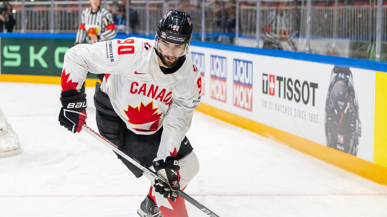 RIGA, LATVIA - MAY 14: Joe Veleno of Canada in action during the 2023 IIHF Ice Hockey World Championship Finland - Latvia game between Slovenia and Canada at Arena Riga on May 14, 2023 in Riga, Latvia.