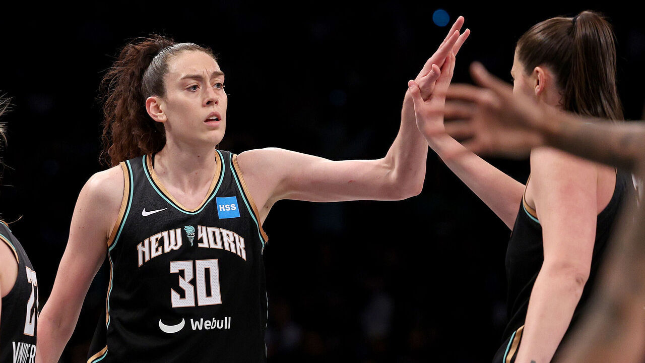 NEW YORK, NEW YORK - MAY 21: Breanna Stewart #30 of the New York Liberty celebrates in the second half against the Indiana Fever at Barclays Center on May 21, 2023 in the Brooklyn borough of New York City. The New York Liberty defeated the Indiana Fever 90-73. Stewart sent a franchise single game record in points after today's game.