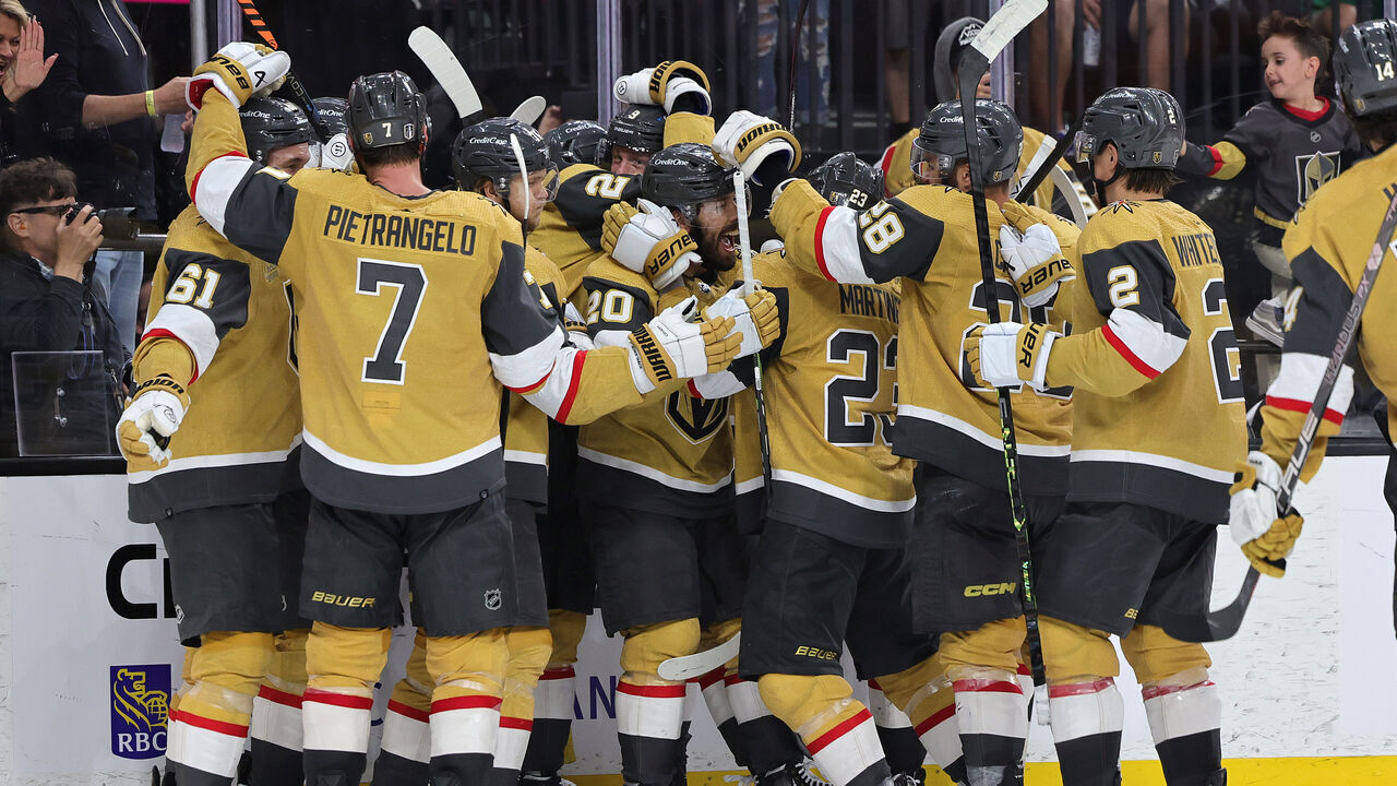 LAS VEGAS, NEVADA - MAY 21: Chandler Stephenson #20 of the Vegas Golden Knights is congratulated by teammates after scoring the game winning overtime goal against the Dallas Stars in Game Two of the Western Conference Final of the 2023 Stanley Cup Playoffs at T-Mobile Arena on May 21, 2023 in Las Vegas, Nevada.