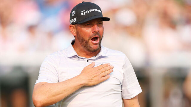 ROCHESTER, NEW YORK - MAY 21: Michael Block of the United States, PGA of America Club Professional, acknowledges the crowd after playing the 18th green during the final round of the 2023 PGA Championship at Oak Hill Country Club on May 21, 2023 in Rochester, New York.