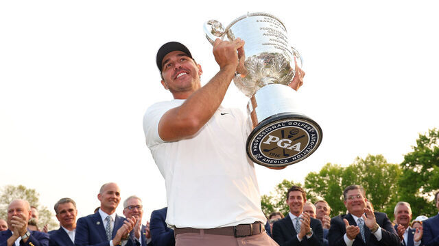 ROCHESTER, NEW YORK - MAY 21: Brooks Koepka of the United States celebrates with the Wanamaker Trophy after winning the 2023 PGA Championship at Oak Hill Country Club on May 21, 2023 in Rochester, New York.