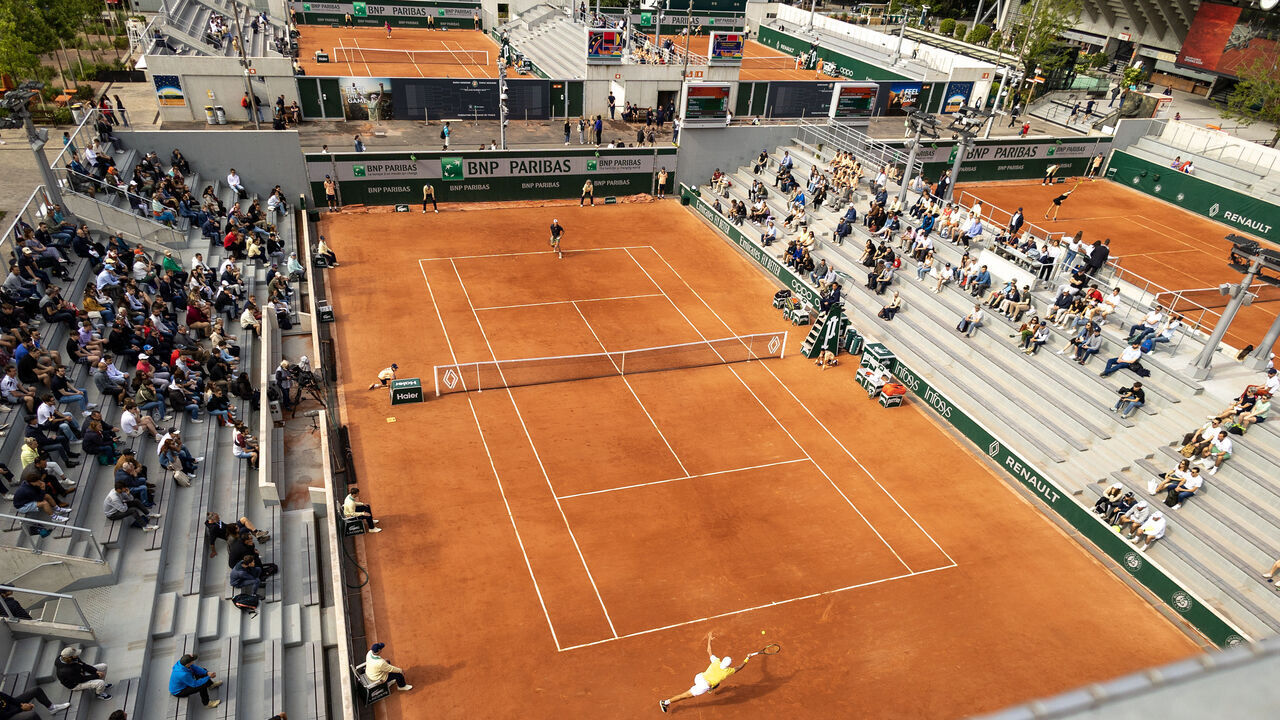 PARIS, FRANCE - MAY 22. A general view of the outsides courts as Dan Added of France takes on Maximilian Marterer of Germany on Court Seven during qualification round one at the 2023 French Open Tennis Tournament at Roland Garros on May 22, 2023, in Paris, France.