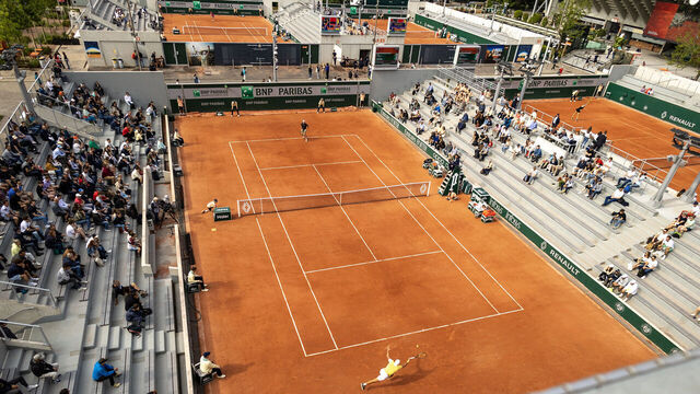 PARIS, FRANCE - MAY 22. A general view of the outsides courts as Dan Added of France takes on Maximilian Marterer of Germany on Court Seven during qualification round one at the 2023 French Open Tennis Tournament at Roland Garros on May 22, 2023, in Paris, France.