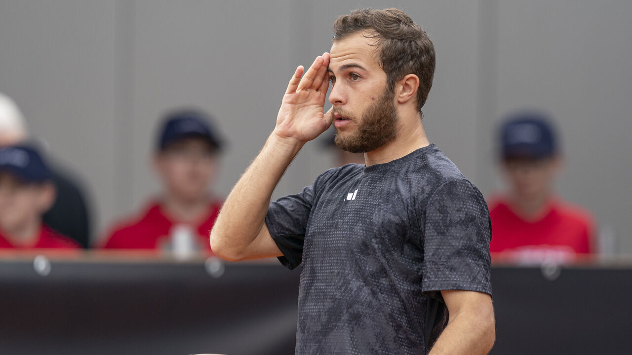 MAUTHAUSEN, AUSTRIA - MAY 11: Hugo Gaston of France reacts during his match against Dane Sweeny of Australia during day 5 of the Danube Upper Austria Open 2023, part of the ATP Challenger Tour on May 11, 2023 in Mauthausen, Austria.