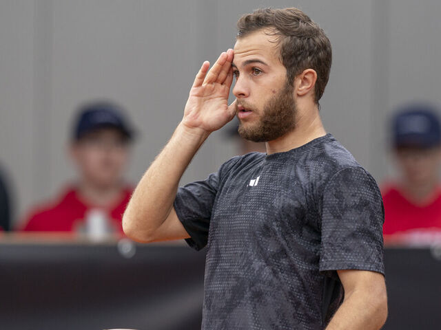 MAUTHAUSEN, AUSTRIA - MAY 11: Hugo Gaston of France reacts during his match against Dane Sweeny of Australia during day 5 of the Danube Upper Austria Open 2023, part of the ATP Challenger Tour on May 11, 2023 in Mauthausen, Austria.