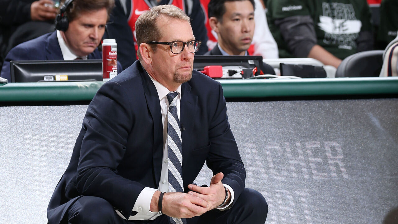 MILWAUKEE, WI - MAY 17: Nick Nurse of the Toronto Raptors seen during Game Two of the Eastern Conference Finals on May 17, 2019 at the Fiserv Forum in Milwaukee, Wisconsin. NOTE TO USER: User expressly acknowledges and agrees that, by downloading and/or using this photograph, user is consenting to the terms and conditions of the Getty Images License Agreement. Mandatory Copyright Notice: Copyright 2019 NBAE
