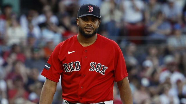 BOSTON, MA - MAY 13: Pitcher Kenley Jansen #74 of the Boston Red Sox looks on as his pitch violation allowed a St. Louis Cardinals batter to go to first base on a walk during the ninth inning at Fenway Park on May 13, 2023 in Boston, Massachusetts.
