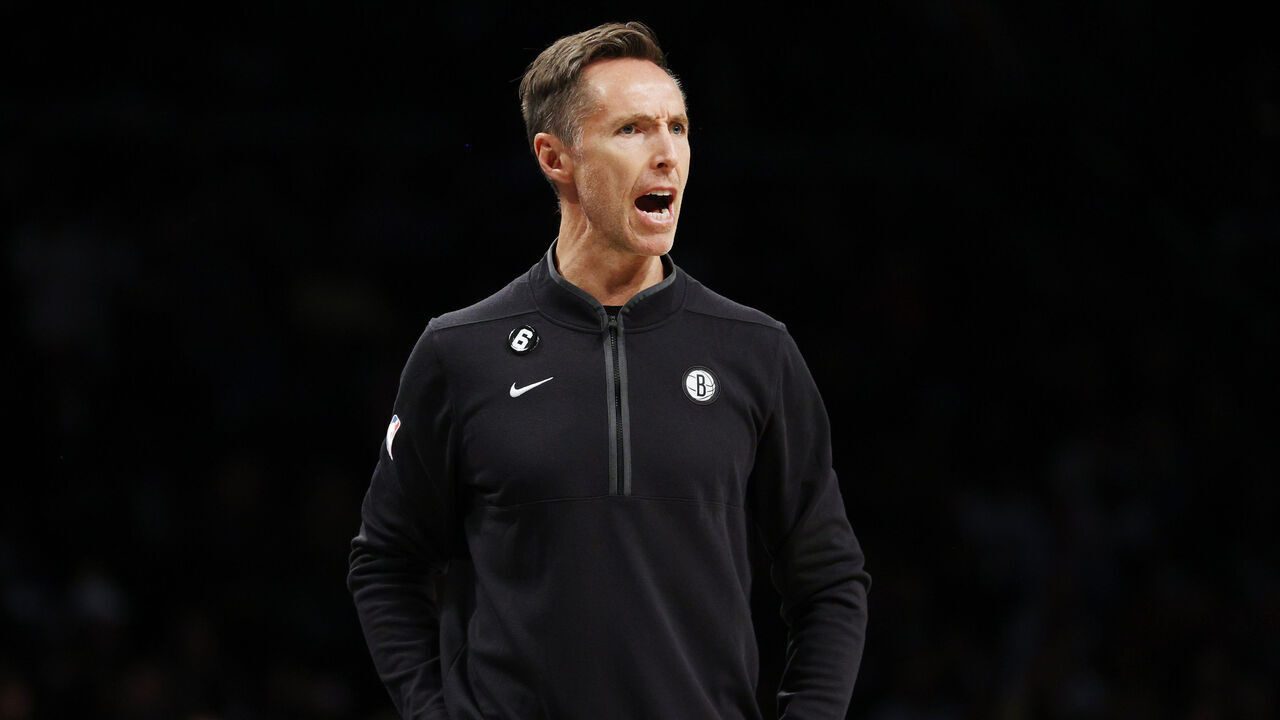 NEW YORK, NEW YORK - OCTOBER 21: Head coach Steve Nash of the Brooklyn Nets reacts during the first half against the Toronto Raptors at Barclays Center on October 21, 2022 in the Brooklyn borough of New York City.