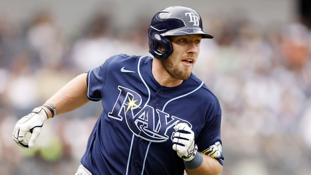 NEW YORK, NEW YORK - MAY 13: Luke Raley #55 of the Tampa Bay Rays runs to first during the eighth inning against the New York Yankees at Yankee Stadium on May 13, 2023 in the Bronx borough of New York City.