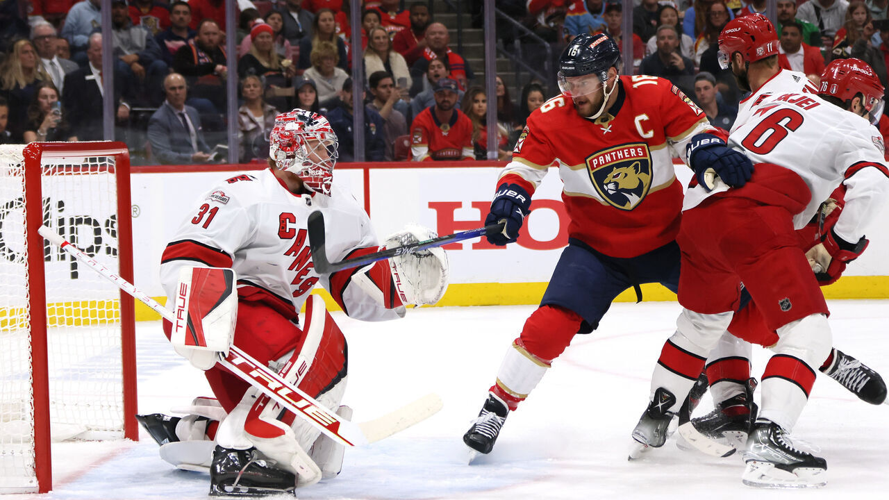 SUNRISE, FLORIDA - MAY 22: Frederik Andersen #31 of the Carolina Hurricanes tends goal against Aleksander Barkov #16 of the Florida Panthers during the first period in Game Three of the Eastern Conference Final of the 2023 Stanley Cup Playoffs at FLA Live Arena on May 22, 2023 in Sunrise, Florida.
