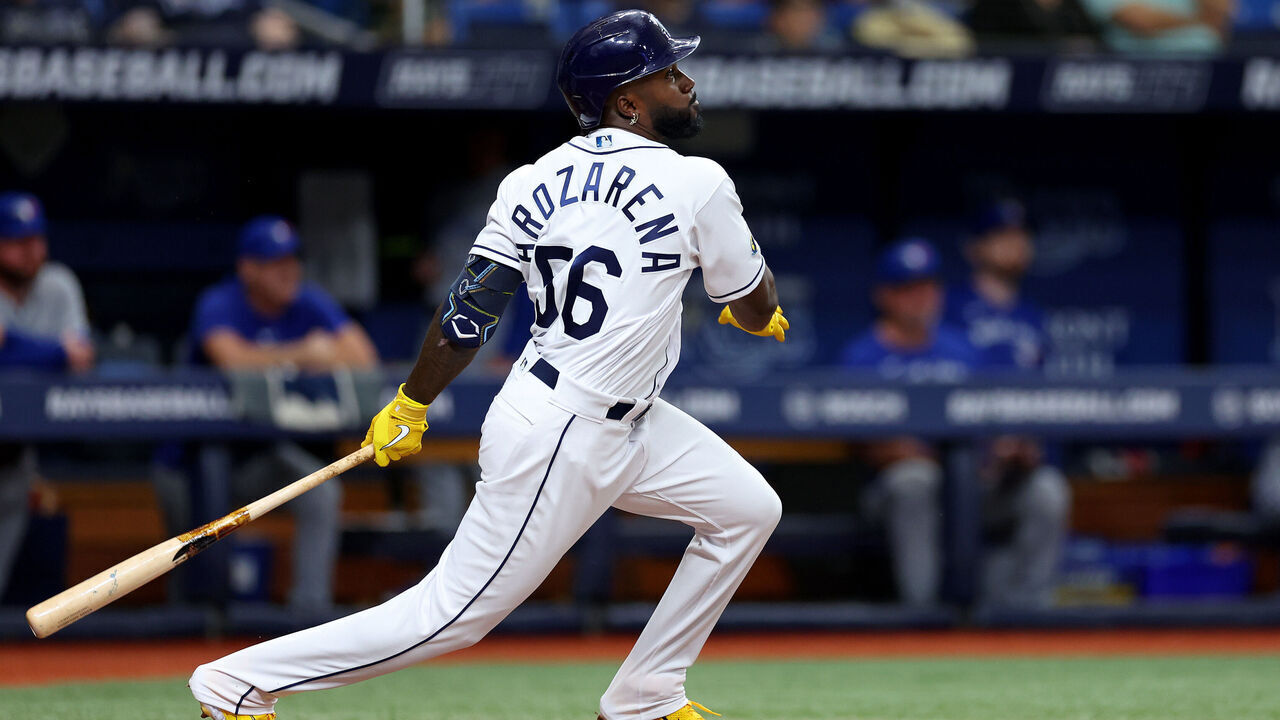 ST PETERSBURG, FLORIDA - MAY 22: Randy Arozarena #56 of the Tampa Bay Rays hits a double in the second inning during a game against the Toronto Blue Jays at Tropicana Field on May 22, 2023 in St Petersburg, Florida.