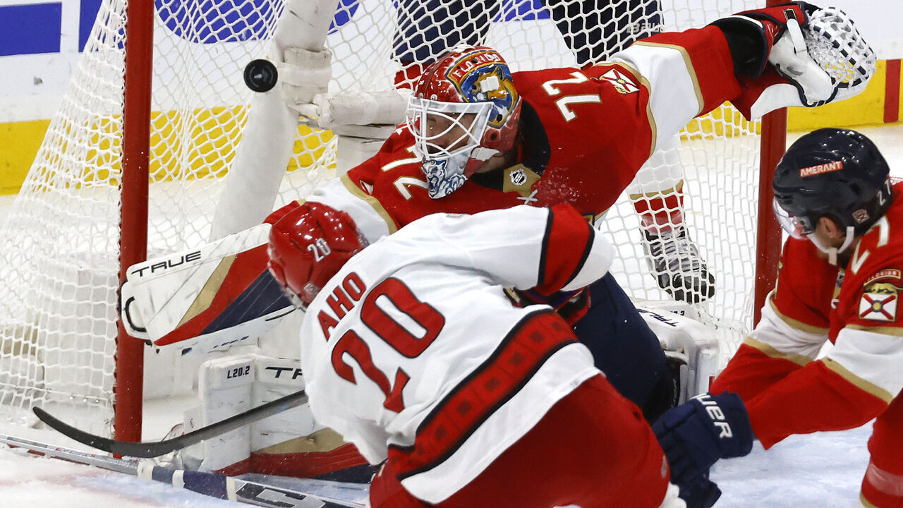 SUNRISE, FLORIDA - MAY 22: Sebastian Aho #20 of the Carolina Hurricanes takes a shot on Sergei Bobrovsky #72 of the Florida Panthers during the second period in Game Three of the Eastern Conference Final of the 2023 Stanley Cup Playoffs at FLA Live Arena on May 22, 2023 in Sunrise, Florida.
