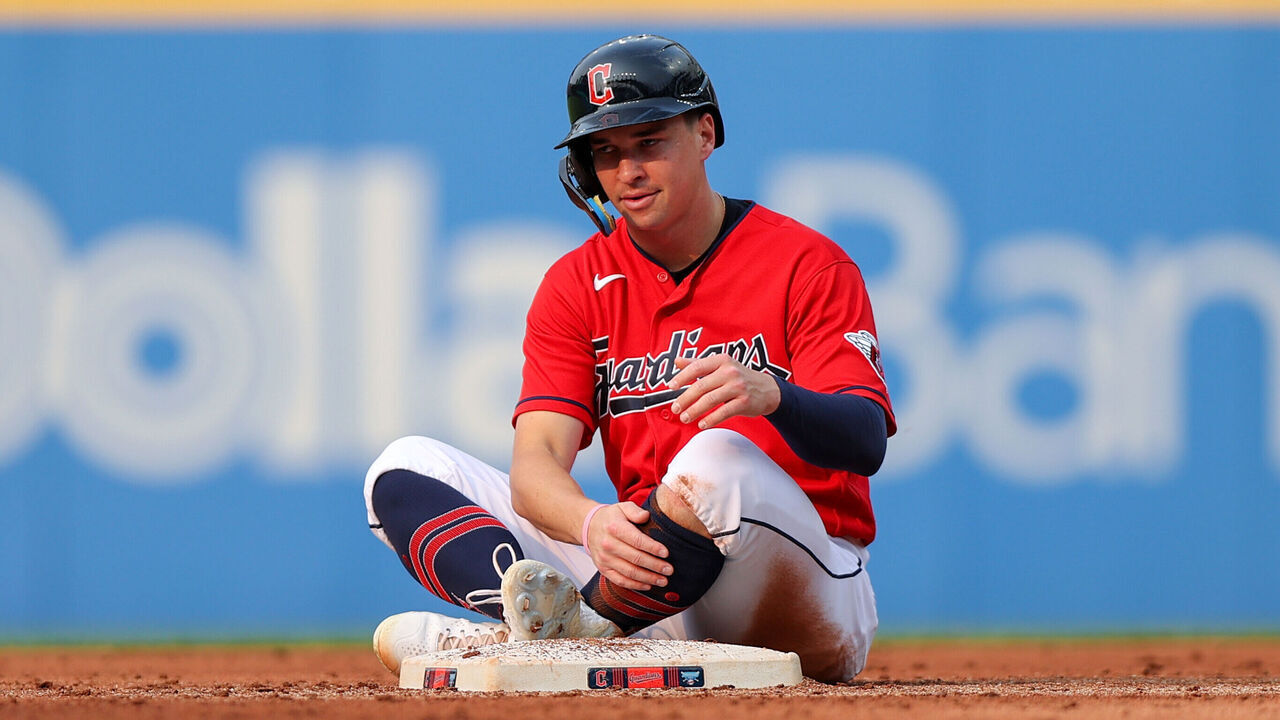 CLEVELAND, OH - MAY 22: Cleveland Guardians right fielder Will Brennan (17) reacts after being thrown out attempting to steal second base during the second inning of the Major League Baseball game between the Chicago White Sox and Cleveland Guardians on May 22, 2023, at Progressive Field in Cleveland, OH.