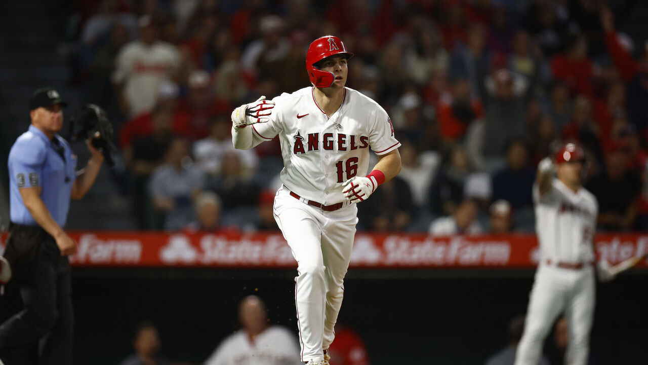 ANAHEIM, CALIFORNIA - MAY 22: Mickey Moniak #16 of the Los Angeles Angels hits a home run against the Boston Red Sox in the eighth inning at Angel Stadium of Anaheim on May 22, 2023 in Anaheim, California.