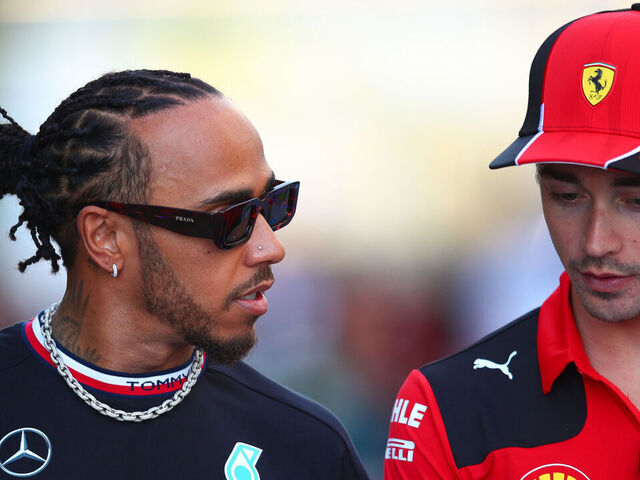 JEDDAH, SAUDI ARABIA - MARCH 16: Lewis Hamilton of Great Britain and Mercedes and Charles Leclerc of Monaco and Scuderia Ferrari looks on during previews ahead of the F1 Grand Prix of Saudi Arabia at Jeddah Corniche Circuit on March 16, 2023 in Jeddah, Saudi Arabia.